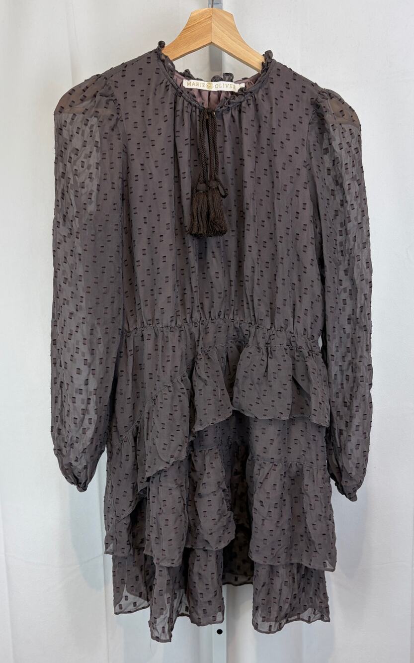 MARIE OLIVER Tie Neck Tiered Ruffle Mini Dress Silk Viscose Brown Size XS